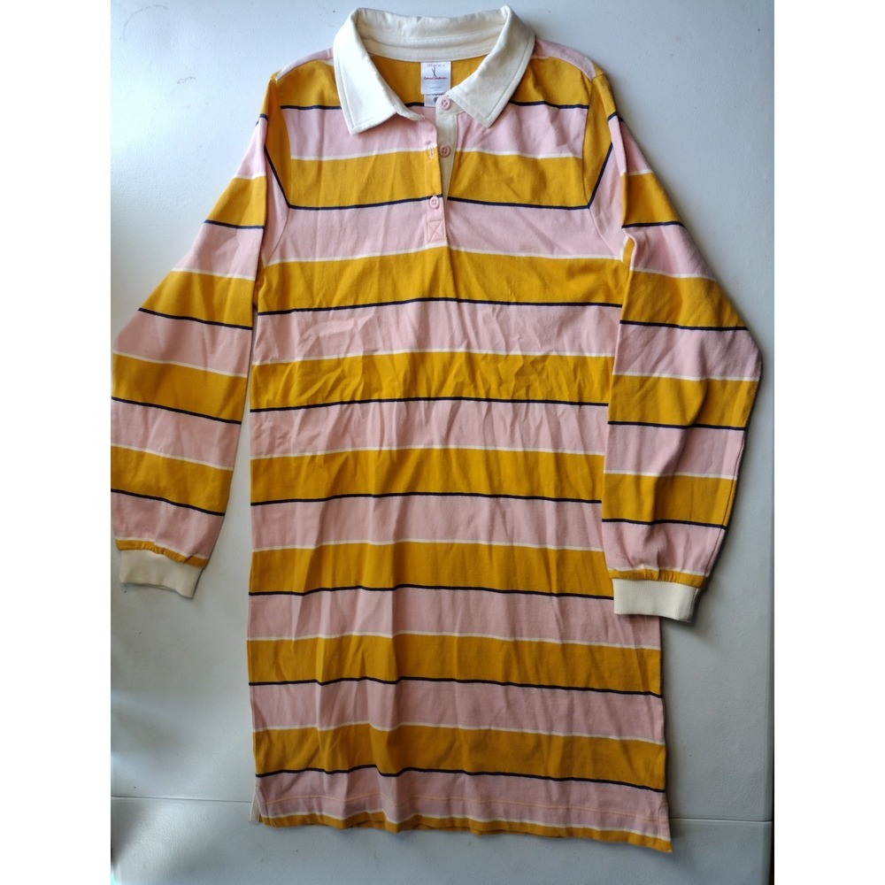 Hanna Andersson Girls Mustard Pink Striped Rugby Polo Dress Size 12 150cm